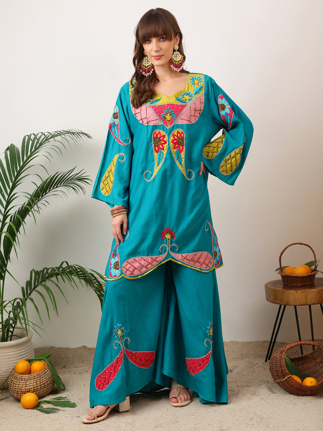 Party Wear Handwork Neon Blue Cord-Set for Women | Trending Cord- Set