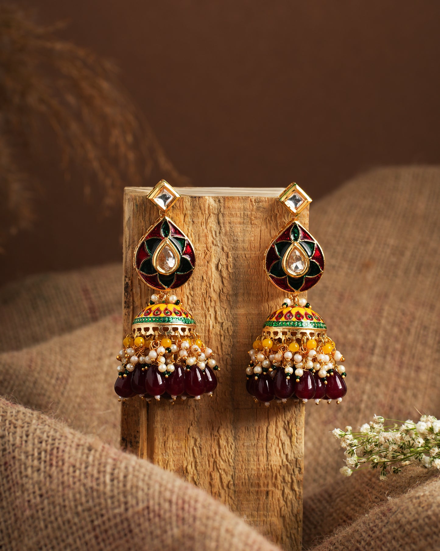Vintage Maroon & Gold Meenakari Jhumka Earrings