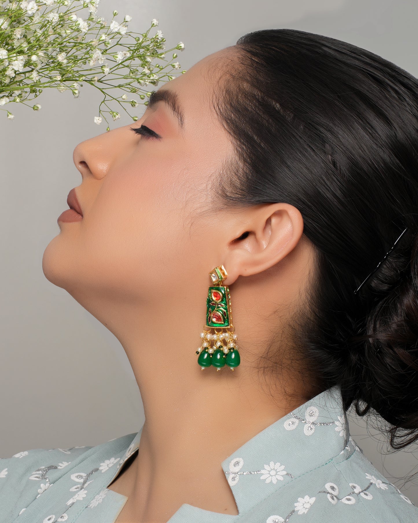 Hand-Painted Meenakari Green Drop Earrings