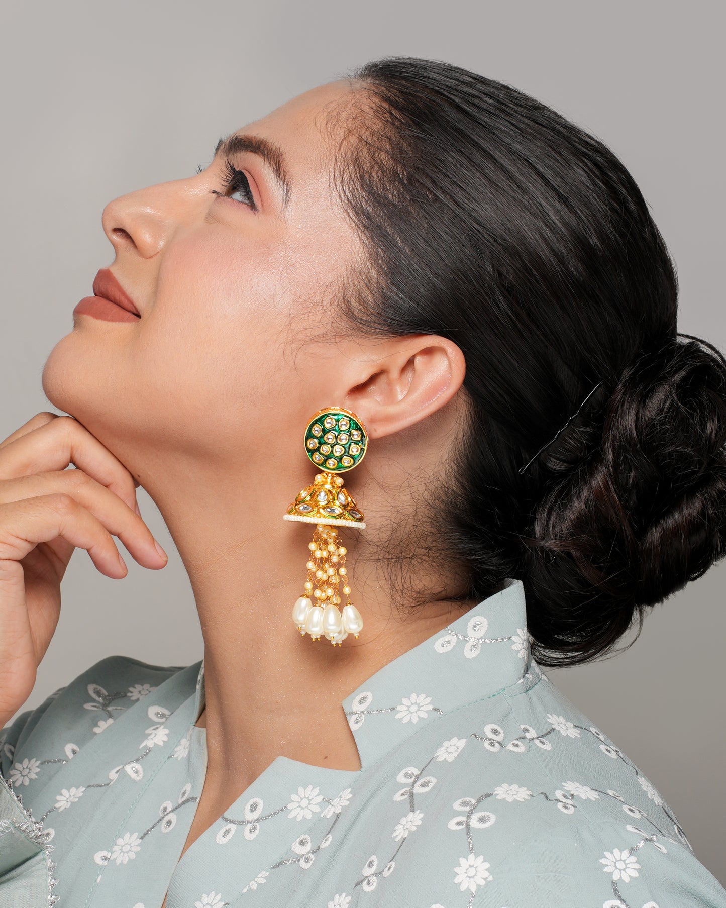 Emerald Dome Pearl Jhumka Earrings