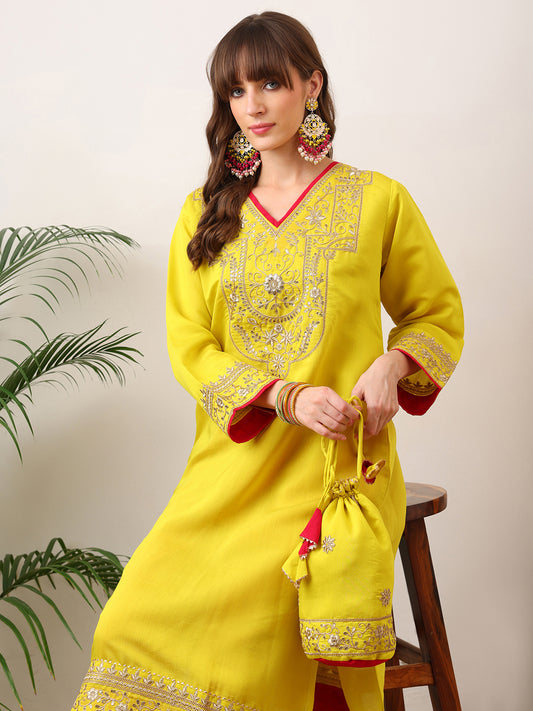 Party Wear Handwork Yellow with Pink Cord-Set for Women | Trending Cord- Set