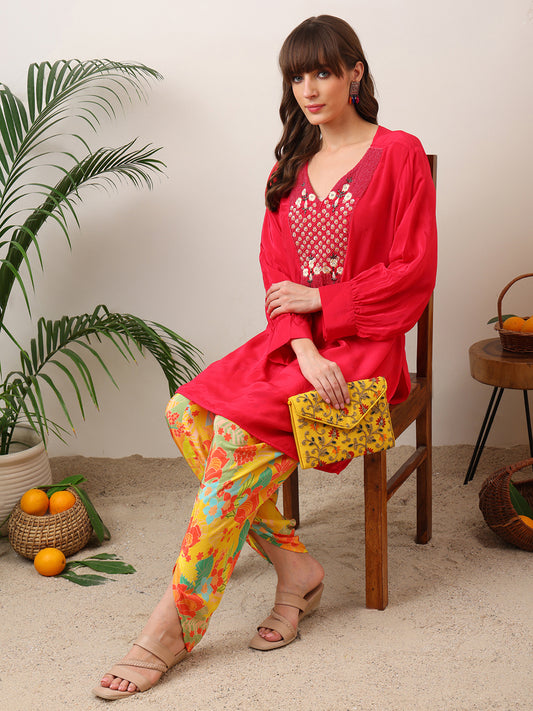 Party Wear Handwork Pink  with Yellow Dhoti Cord-Set for Women | Trending Cord- Set