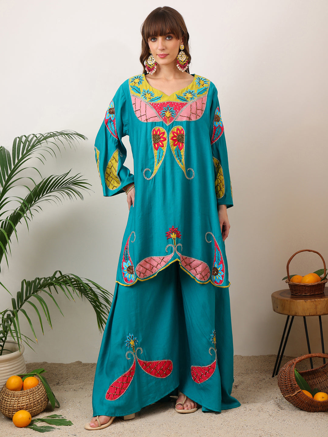 Party Wear Handwork Neon Blue Cord-Set for Women | Trending Cord- Set