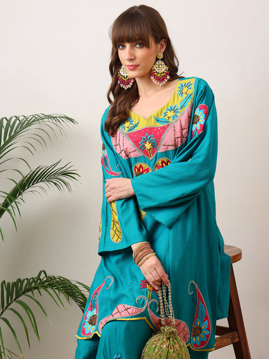 Party Wear Handwork Neon Blue Cord-Set for Women | Trending Cord- Set